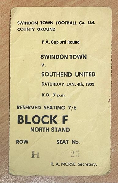 1968/69 ORIGINAL FA CUP 3RD ROUND TICKET SWINDON TOWN V SOUTHEND UNITED