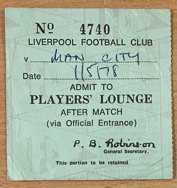 1977/78 ORIGINAL PLAYERS LOUNGE TICKET LIVERPOOL V MANCHESTER CITY