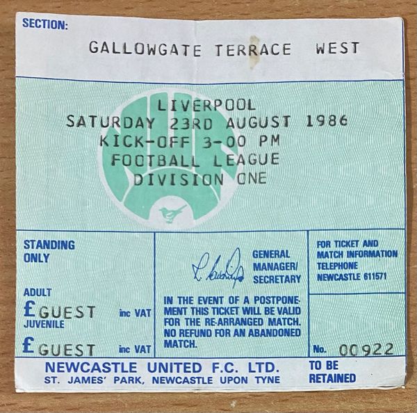 1986/87 ORIGINAL DIVISION ONE TICKET NEWCASTLE UNITED V LIVERPOOL