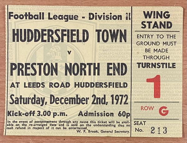 1972/73 ORIGINAL DIVISION TWO TICKET HUDDERSFIELD TOWN V PRESTON NORTH END