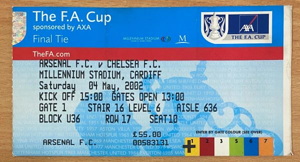2002 ORIGINAL FA CUP CUP FINAL TICKET ARSENAL V CHELSEA @CARDIFF (ARSENAL ALLOCATION)