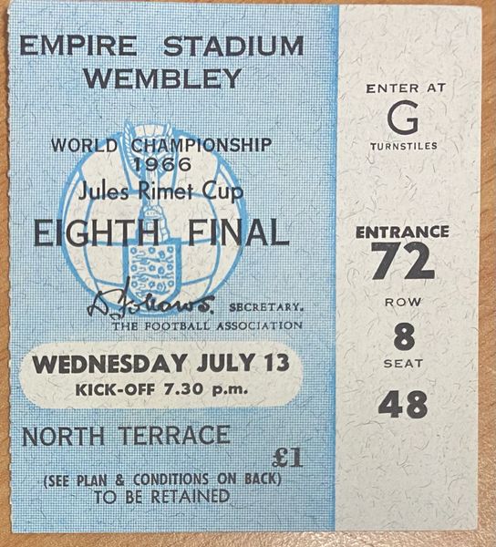 1966 ORIGINAL WORLD CUP 1st ROUND TICKET FRANCE V MEXICO @ WEMBLEY G 72 8 48