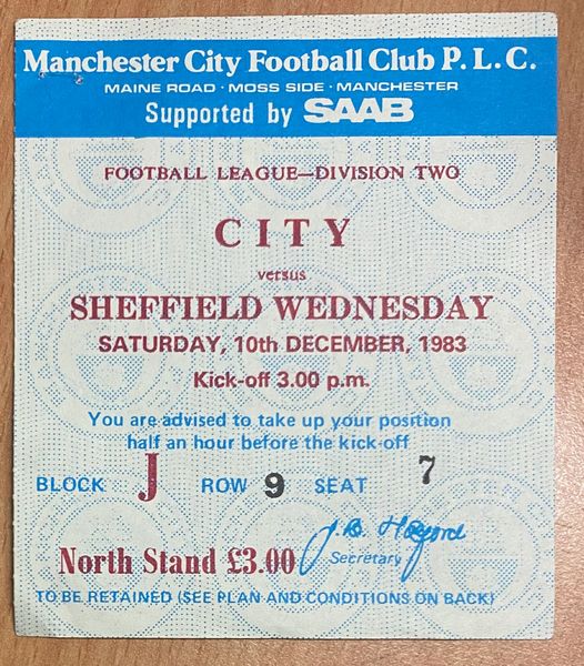 1983/84 ORIGINAL DIVISION TWO TICKET MANCHESTER CITY V SHEFFIELD WEDNESDAY