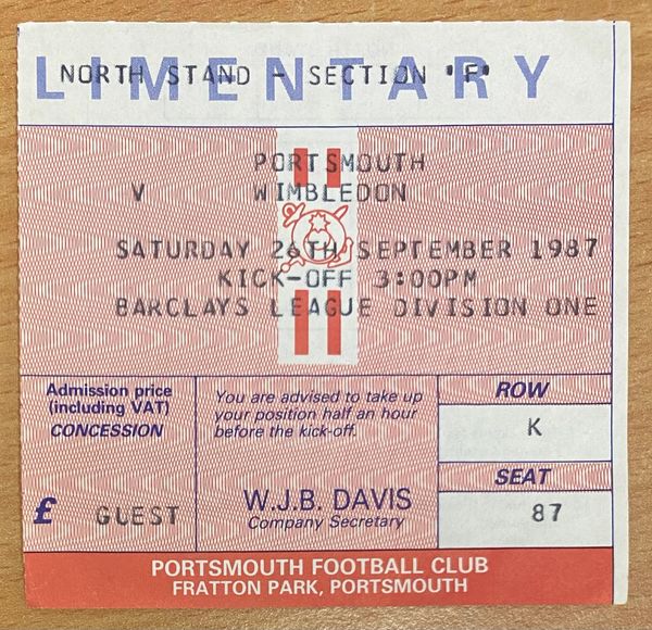 1987/88 ORIGINAL DIVISION ONE TICKET PORTSMOUTH V WIMBLEDON