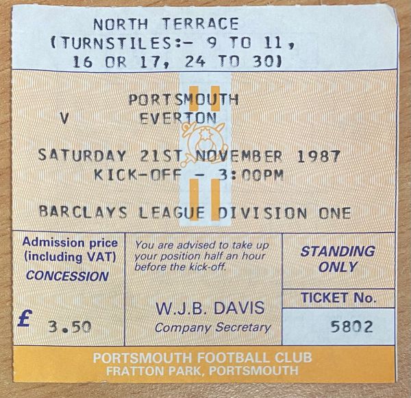 1987/88 ORIGINAL DIVISION ONE TICKET PORTSMOUTH V EVERTON