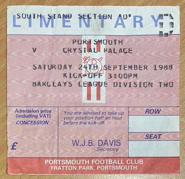 1988/89 ORIGINAL DIVISION TWO TICKET PORTSMOUTH V CRYSTAL PALACE