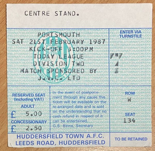 1986/87 ORIGINAL DIVISION TWO TICKET HUDDERSFIELD TOWN V PORTSMOUTH