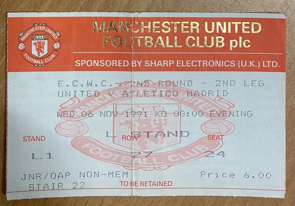 1991/92 ORIGINAL EUROPEAN CUP WINNERS CUP 2ND ROUND 2ND LEG TICKET MANCHESTER UNITED V ATLETICO MADRID