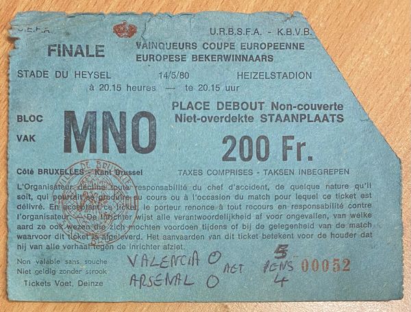 1980 ORIGINAL EUROPEAN CUP WINNERS CUP FINAL VALENCIA V ARSENAL @ HEYSEL BRUSSELS (ARSENAL ALLOCATION)