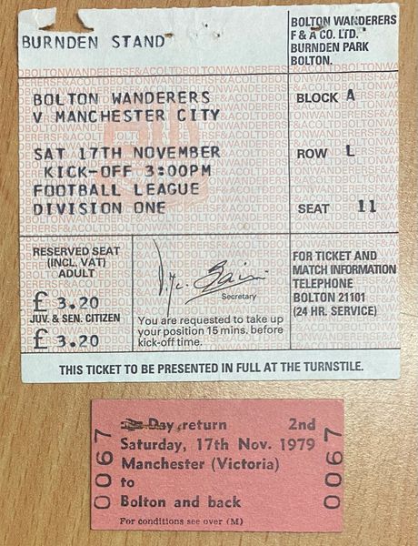 1979/80 ORIGINAL DIVISION ONE TICKET BOLTON WANDERERS V MANCHESTER CITY + TRAIN