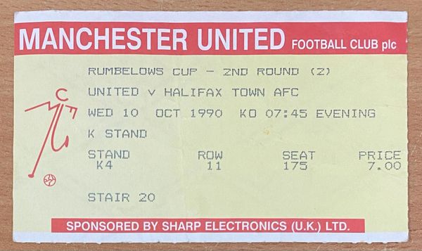 1990/91 ORIGINAL RUMBELOWS CUP 2ND ROUND 2ND LEG TICKET MANCHESTER UNITED V HALIFAX TOWN