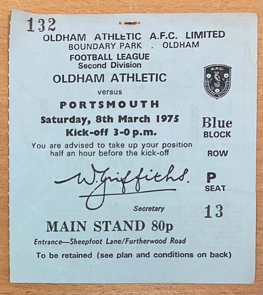 1974/75 ORIGINAL DIVISION TWO TICKET OLDHAM ATHLETIC V PORTSMOUTH