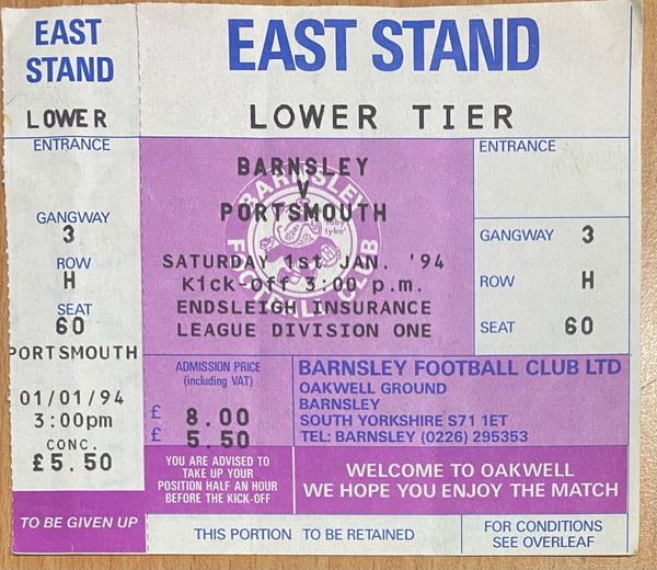 1993/94 ORIGINAL UNUSED ENDSLEIGH LEAGUE DIVISION ONE TICKET BARNSLEY V PORTSMOUTH