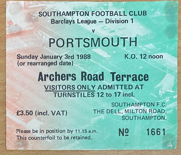 1987/88 ORIGINAL DIVISION ONE TICKET SOUTHAMPTON V PORTSMOUTH (VISITORS END)