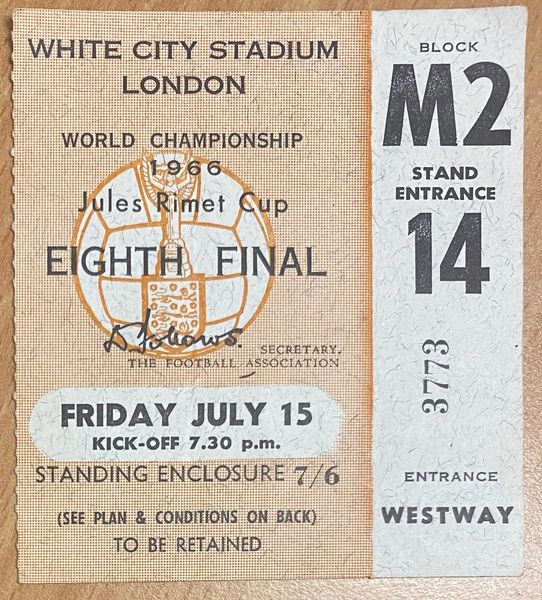 1966 ORIGINAL WORLD CUP 1ST ROUND TICKET FRANCE URUGUAY @ WHITE CITY M2 14 3773