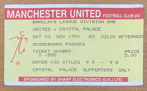 1990/91 ORIGINAL DIVISION ONE TICKET MANCHESTER UNITED V CRYSTAL PALACE (VISITORS END)