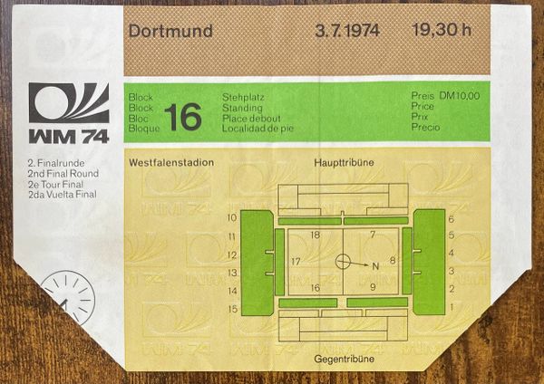 1974 ORIGINAL WORLD CUP 2ND ROUND TICKET BRAZIL V NETHERLANDS @ DORTMUND