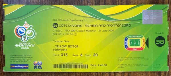 2006 UNUSED ORIGINAL WORLD CUP TICKET IVORY COAST V SERBIA AND MONTENEGRO @ MUNICH