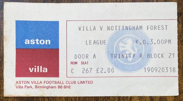 1977/78 ORIGINAL DIVISION ONE TICKET ASTON VILLA V NOTTINGHAM FOREST