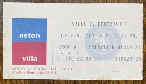 1977/78 ORIGINAL UEFA CUP 1ST ROUND 1ST LEG TICKET ASTON VILLA V FENERBAHCE