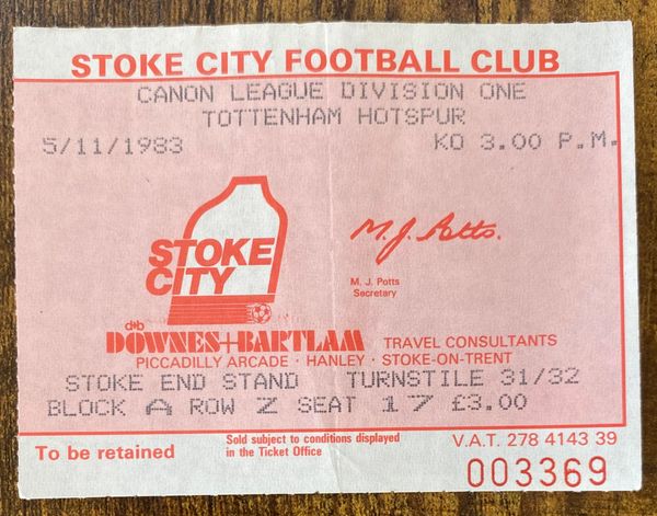 1983/84 ORIGINAL DIVISION ONE TICKET STOKE CITY V TOTTENHAM HOTSPUR