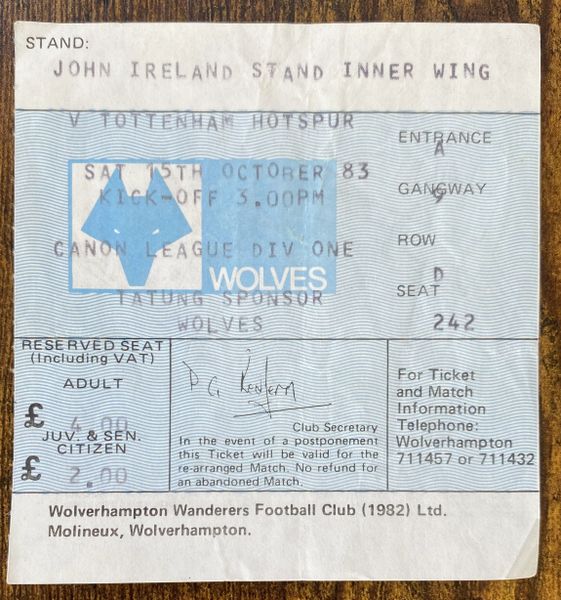 1983/84 ORIGINAL DIVISION ONE TICKET WOLVERHAMPTON WANDERERS V TOTTENHAM HOTSPUR