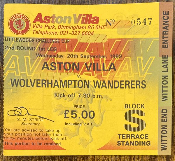 1989/90 ORIGINAL 2ND ROUND 1ST LEG TICKET ASTON VILLA V WOLVERHAMPTON WANDERERS (VISITORS END)