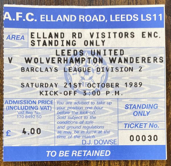 1989/90 ORIGINAL DIVISION TWO TICKET LEEDS UNITED V WOLVERHAMPTON WANDERERS (VISITORS END)