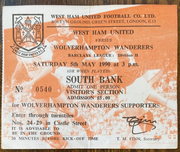 1989/90 ORIGINAL DIVISION TWO TICKET WEST HAM UNITED V WOLVERHAMPTON WANDERERS (VISITORS END)