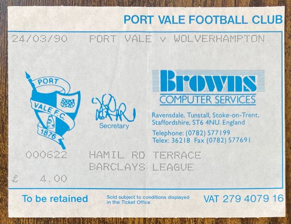 1989/90 ORIGINAL DIVISION TWO TICKET PORT VALE V WOLVERHAMPTON WANDERERS (VISITORS END)