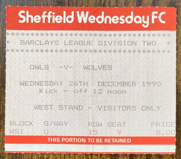 1990/91 ORIGINAL DIVISION TWO TICKET SHEFFIELD WEDNESDAY V WOLVERHAMPTON WANDERERS (VISITORS END)