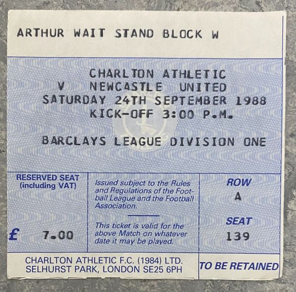 1988/89 ORIGINAL DIVISION ONE TICKET CHARLTON ATHLETIC V NEWCASTLE UNITED