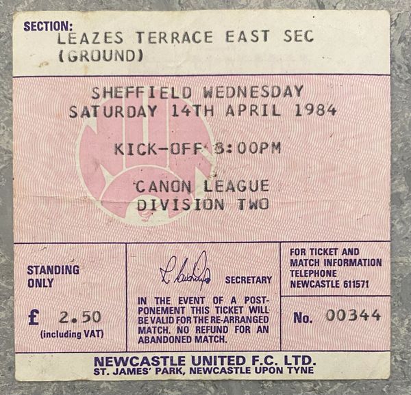 1983/84 ORIGINAL DIVISION TWO TICKET NEWCASTLE UNITED V SHEFFIELD WEDNESDAY