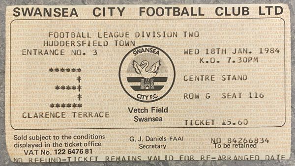 1983/84 ORIGINAL DIVISION TWO TICKET SWANSEA CITY V HUDDERSFIELD TOWN