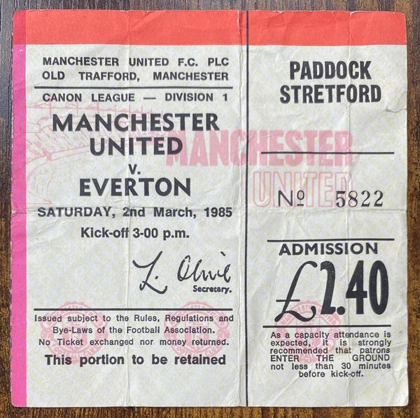 1984/85 ORIGINAL DIVISION ONE TICKET MANCHESTER UNITED V EVERTON