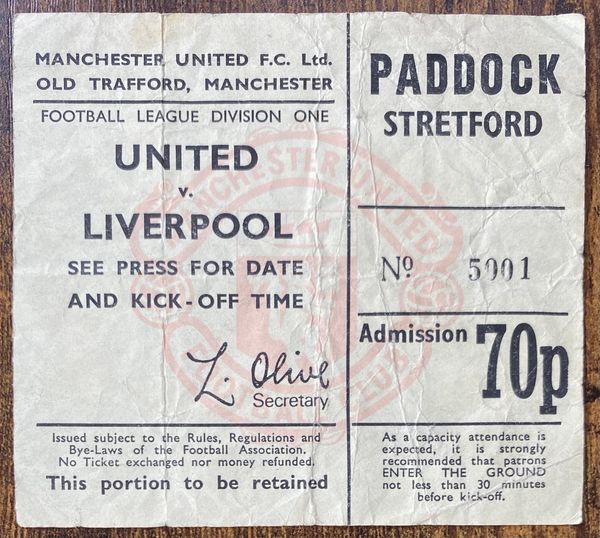 1975/76 ORIGINAL DIVISION ONE TICKET MANCHESTER UNITED V LIVERPOOL