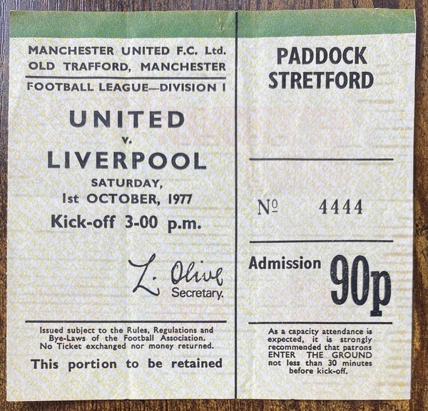 1977/78 ORIGINAL DIVISION ONE TICKET MANCHESTER UNITED V LIVERPOOL