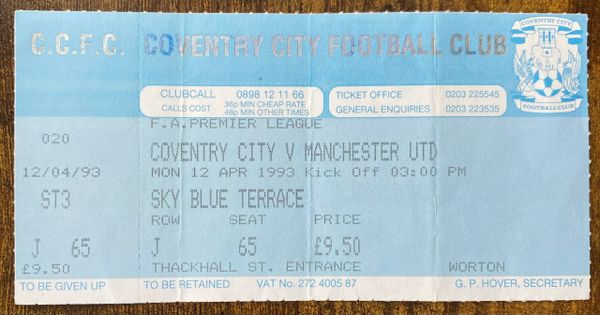 1992/93 ORIGINAL UNUSED PREMIER LEAGUE TICKET COVENTRY CITY V MANCHESTER UNITED