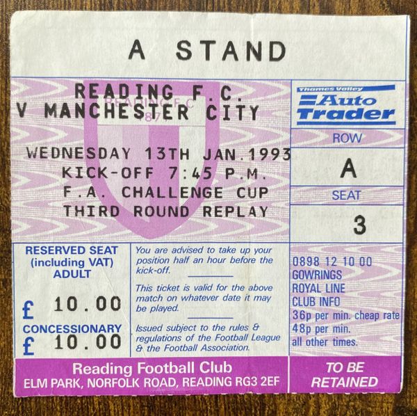 1992/93 ORIGINAL FA CUP 3RD ROUND REPLAY TICKET READING V MANCHESTER CITY