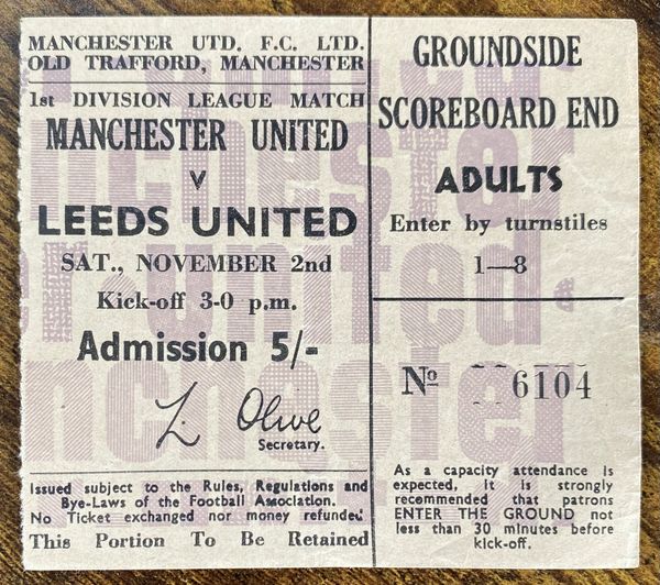 1968/69 ORIGINAL DIVISION ONE TICKET MANCHESTER UNITED V LEEDS UNITED