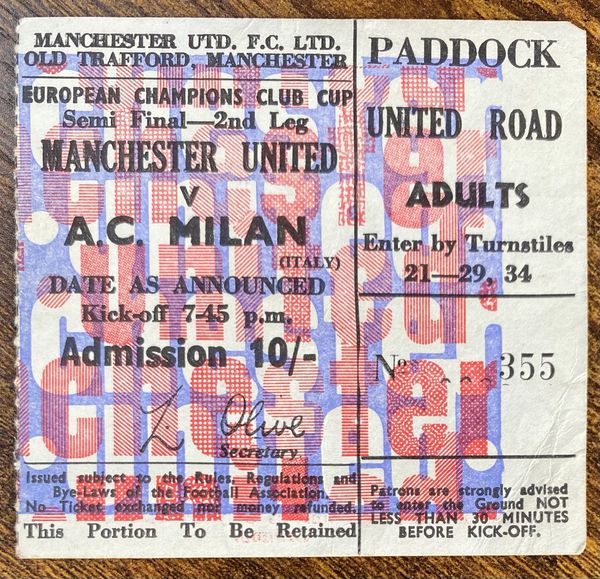 1968/69 ORIGINAL EUROPEAN CUP SEMI FINAL 2ND LEG TICKET MANCHESTER UNITED V AC MILAN