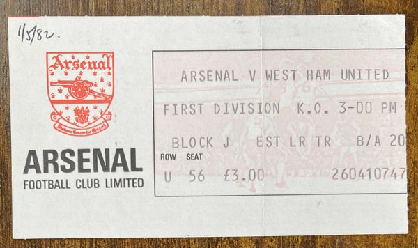 1981/82 ORIGINAL DIVISION ONE TICKET ARSENAL V WEST HAM UNITED (SIGNED TO REAR BY ALAN SUNDERLAND)