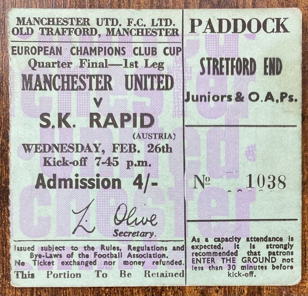 1968/69 ORIGINAL EUROPEAN CUP QUARTER FINAL 1ST LEG TICKET MANCHESTER UNITED V SK RAPID VIENNA