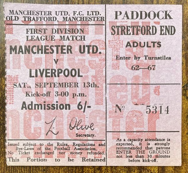 1969/70 ORIGINAL DIVISION ONE TICKET MANCHESTER UNITED V LIVERPOOL