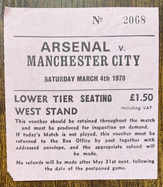 1977/78 ORIGINAL DIVISION ONE TICKET ARSENAL V MANCHESTER CITY