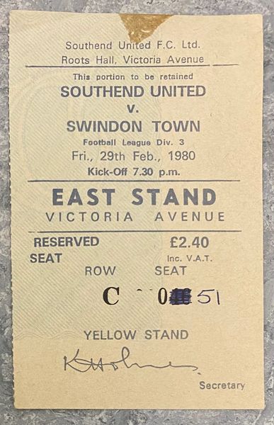 1979/80 ORIGINAL DIVISION 3 TICKET SOUTHEND UNITED V SWINDON TOWN