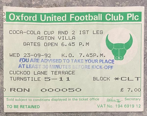 1992/93 ORIGINAL COCA COLA CUP 2ND ROUND 1ST LEG TICKET OXFORD UNITED V ASTON VILLA (VILLA ALLOCATION)