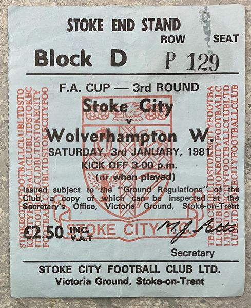 1980/81 ORIGINAL FA CUP 3RD ROUND TICKET STOKE CITY V WOLVERHAMPTON WANDERERS