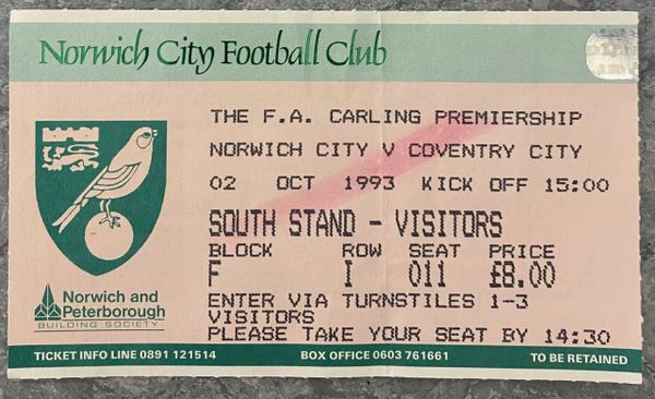 1993/94 ORIGINAL FA PREMIERSHIP TICKET NORWICH CITY V COVENTRY CITY (VISITORS ALLOCATION)