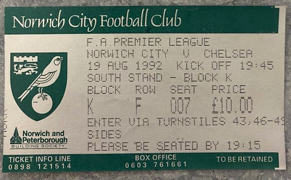 1992/93 ORIGINAL FA PREMIER LEAGUE TICKET NORWICH CITY V CHELSEA